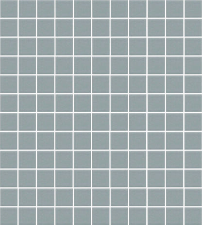 A sheet of square porcelain tiles in grey color, arranged in a grid pattern.
