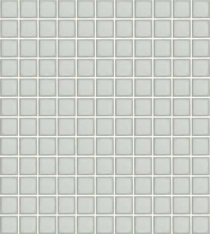 A sheet of square porcelain tiles in grey color, arranged in a grid pattern.