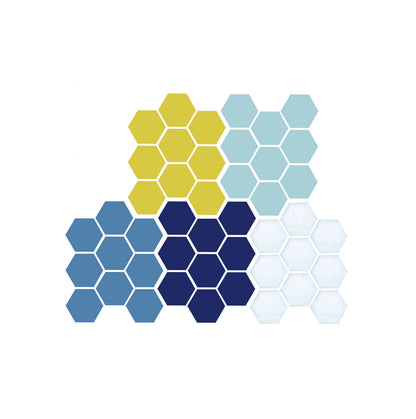 A pattern of hexagon-shaped porcelain tiles in various colors.  Cielo color sample.