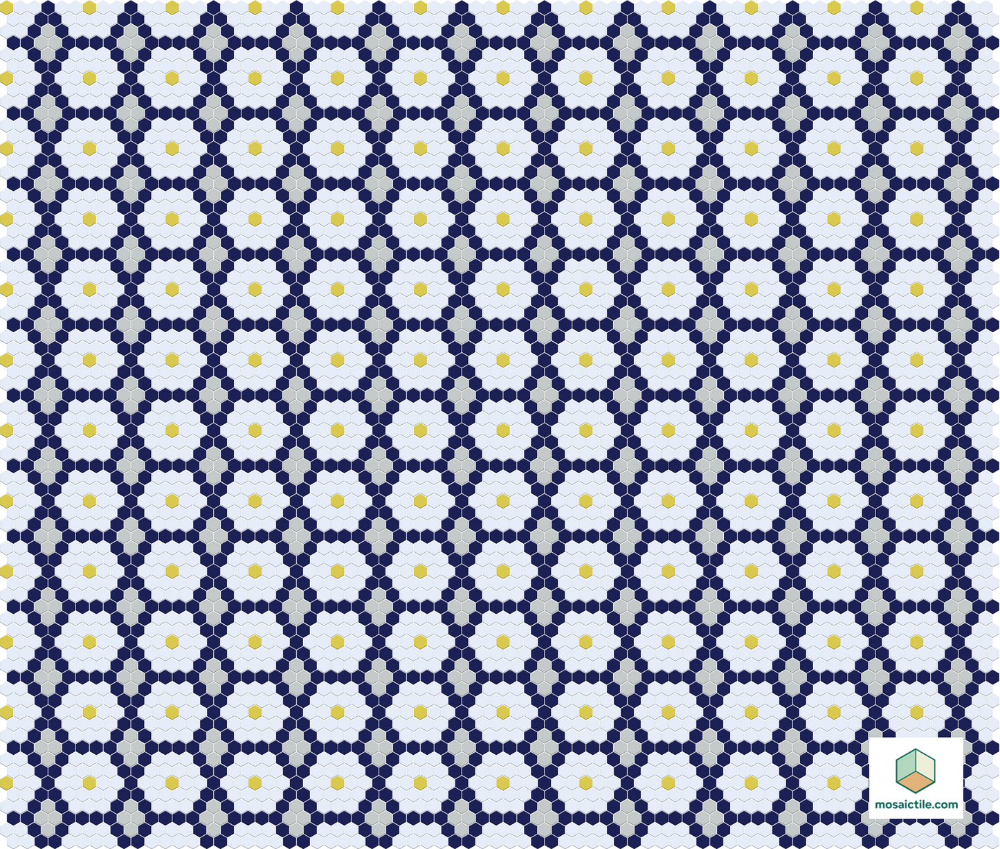 Geometric pattern with blue, white, and yellow colors on a blue background
