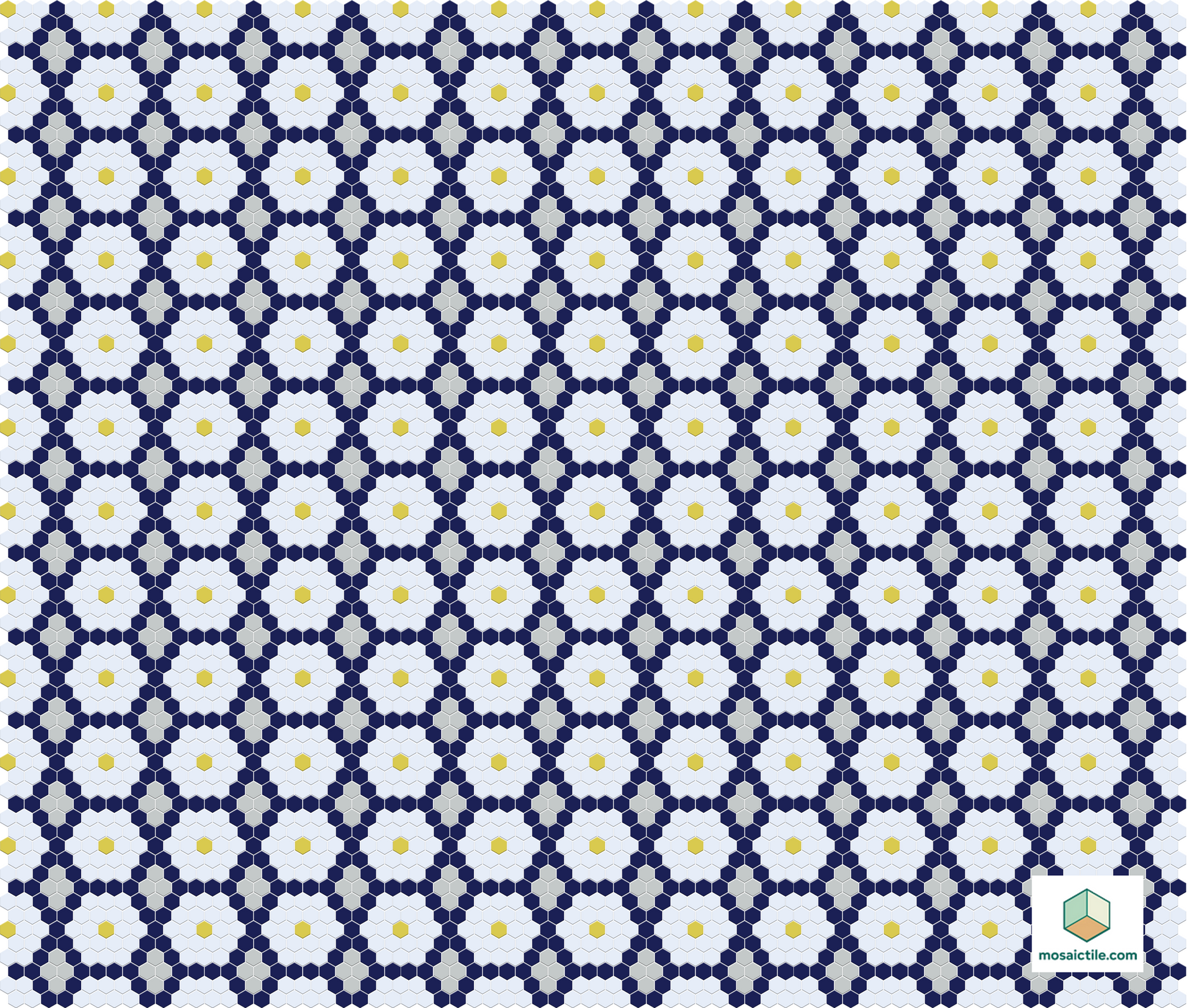 Geometric pattern with blue, white, and yellow colors on a blue background