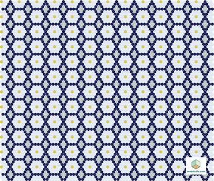 Geometric pattern with blue, white, and yellow colors on a blue background