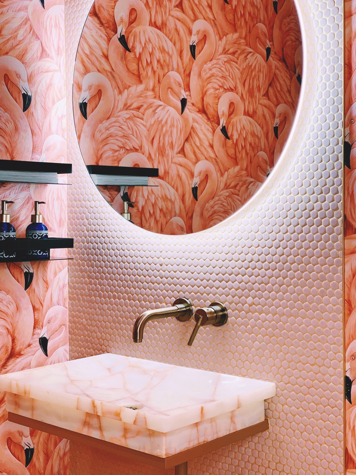 PInk penny round tiles by Mosaic Tiles used on an accent wall