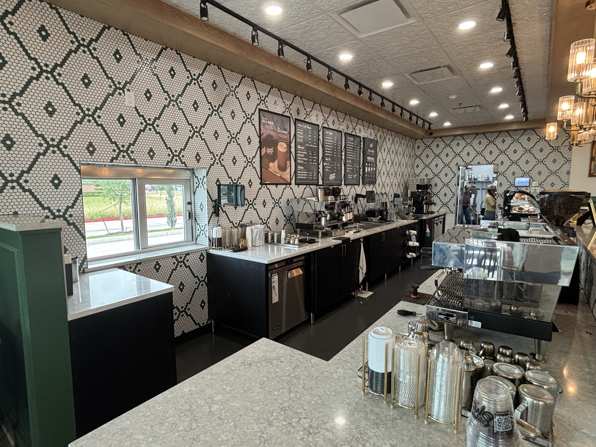 Modage Pinnacle Hexagon Pattern backsplash at the Summer Moon Coffee Shop in League City Texas