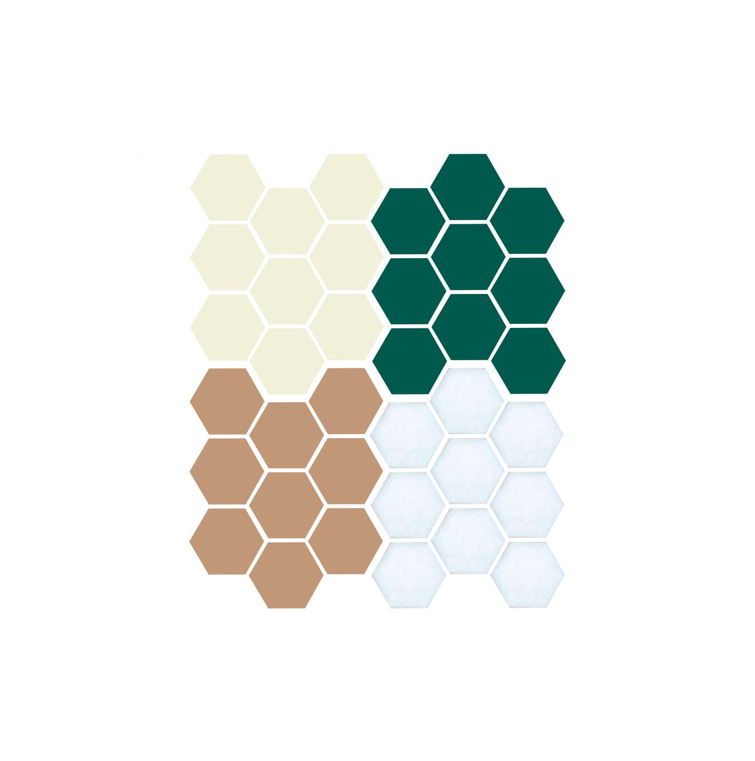 A pattern of hexagon-shaped porcelain tiles in various colors.  Ammos color sample.
