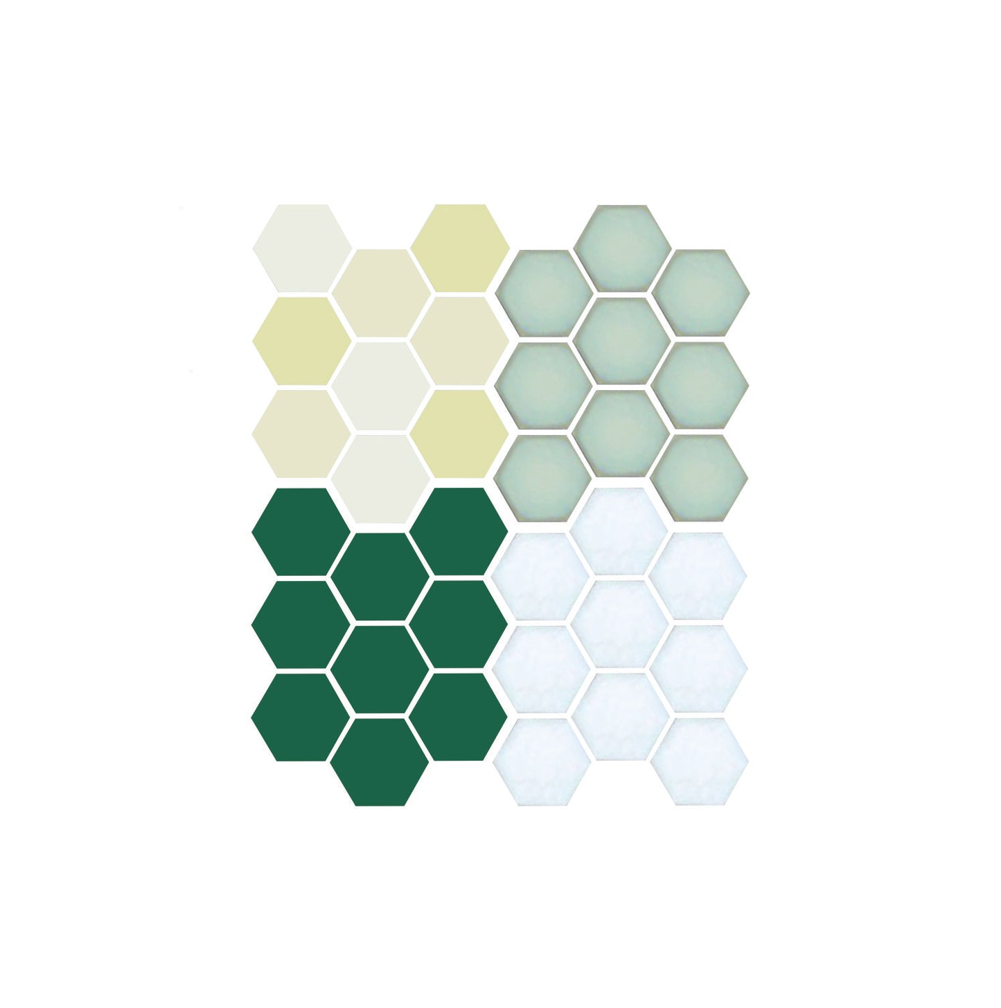 A pattern of hexagon-shaped porcelain tiles in various colors.  Jardin color sample.