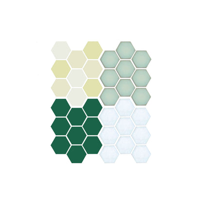 A pattern of hexagon-shaped porcelain tiles in various colors.  Jardin color sample.