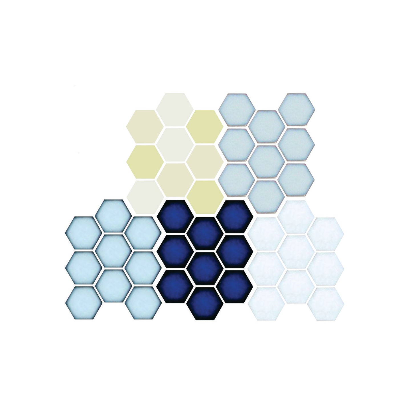 A pattern of hexagon-shaped porcelain tiles in various colors.  Couloir color sample.
