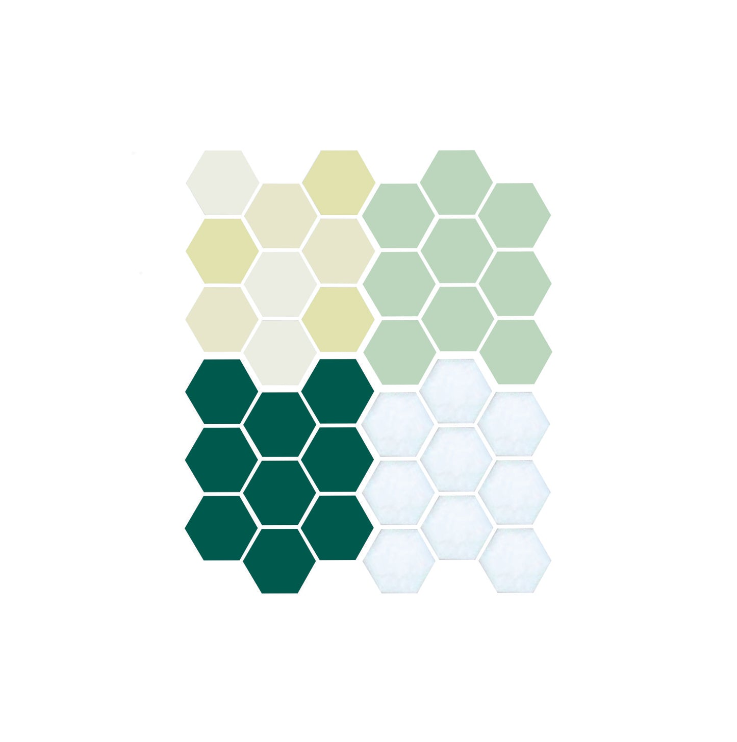 A pattern of hexagon-shaped porcelain tiles in various colors.  Jardin color sample.