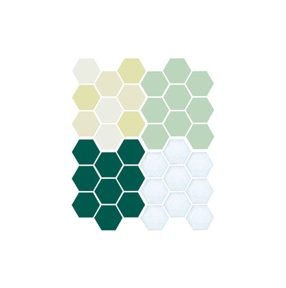 A pattern of hexagon-shaped porcelain tiles in various colors.  Jardin color sample.