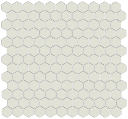 A sheet of unglazed porcelain hexagon tiles in gray color, arranged in a honeycomb pattern.