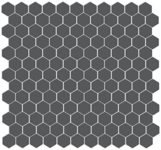 A sheet of unglazed porcelain hexagon tiles in gray color, arranged in a honeycomb pattern.