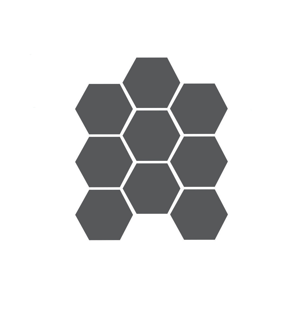 A sheet of unglazed porcelain hexagon tiles in a dark gray color, arranged in a honeycomb pattern.