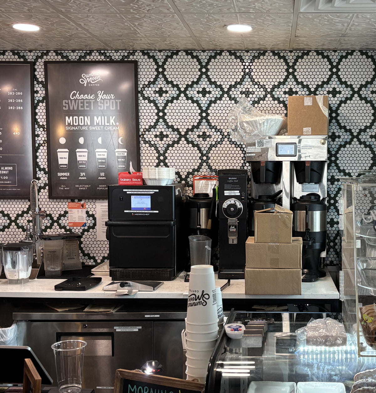 Versaille Pinnacle Hexagon Pattern on coffee shop backsplash