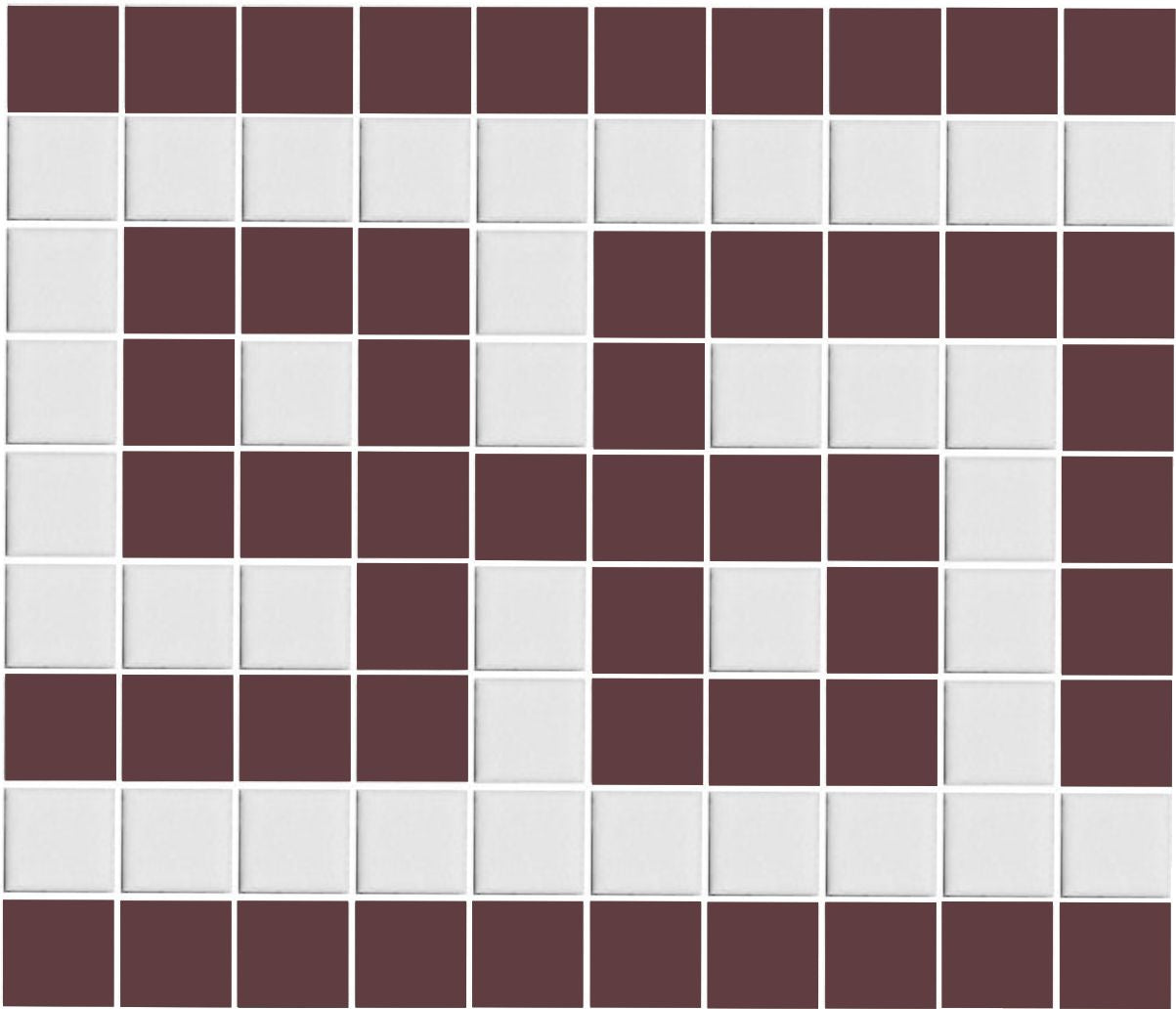 A grid of square porcelain tiles in burgandy and white, arranged in a geometric pattern.