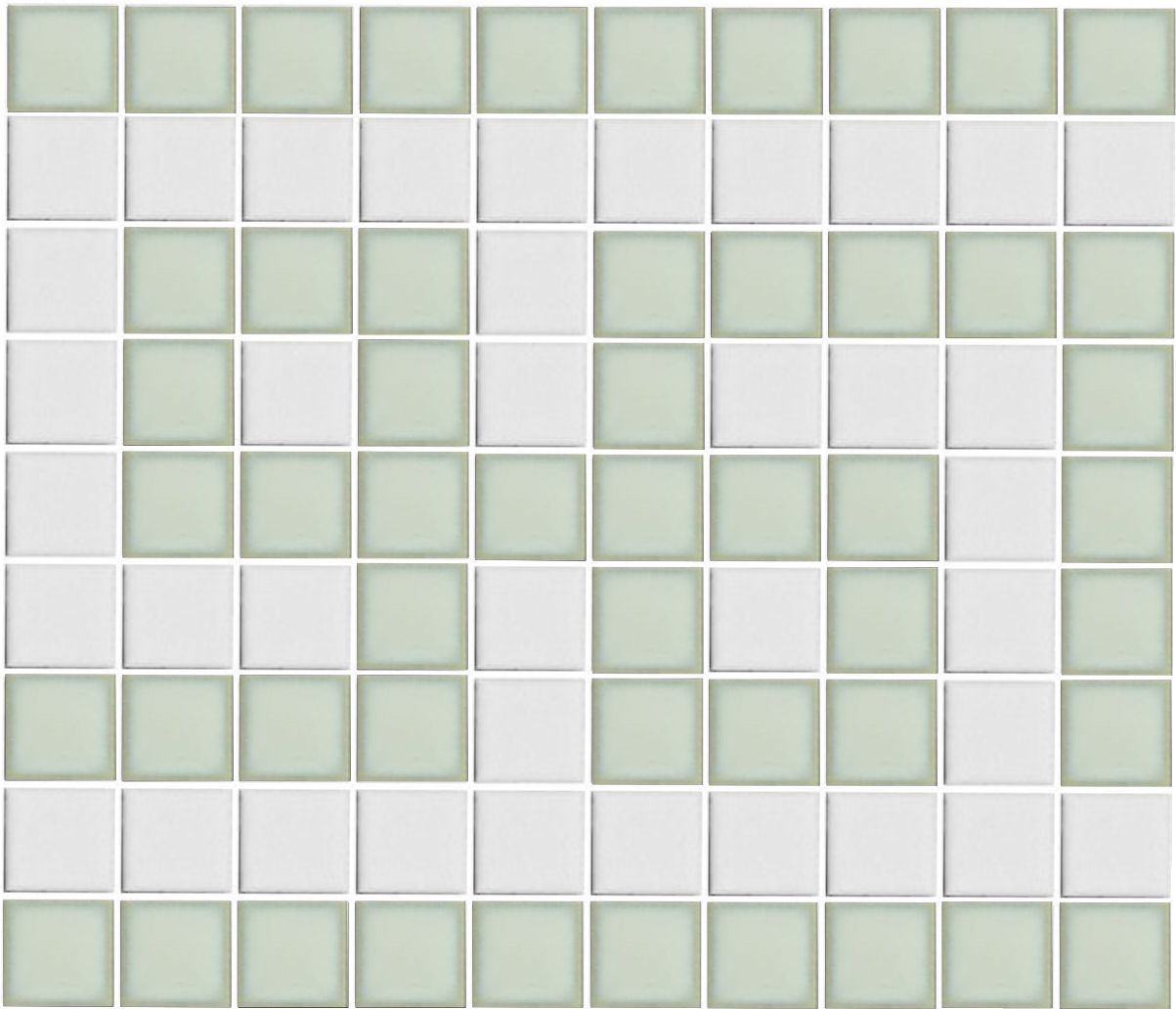 A grid of square porcelain tiles in creme and white, arranged in a geometric pattern.