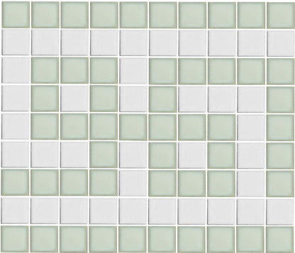 A grid of square porcelain tiles in creme and white, arranged in a geometric pattern.