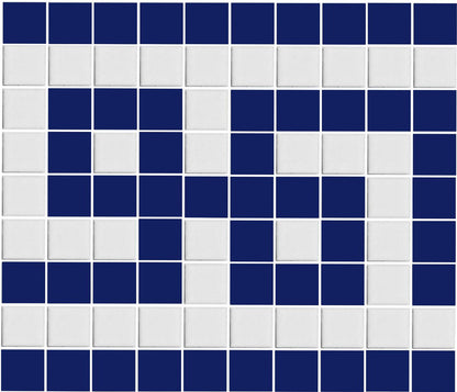 A grid of square porcelain tiles in prussia blue and white, arranged in a geometric pattern.