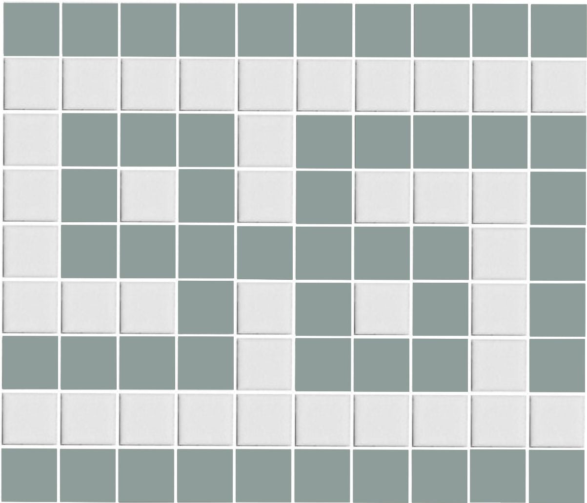 A grid of square porcelain tiles in stone gray and white, arranged in a geometric pattern.