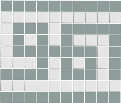 A grid of square porcelain tiles in stone gray and white, arranged in a geometric pattern.