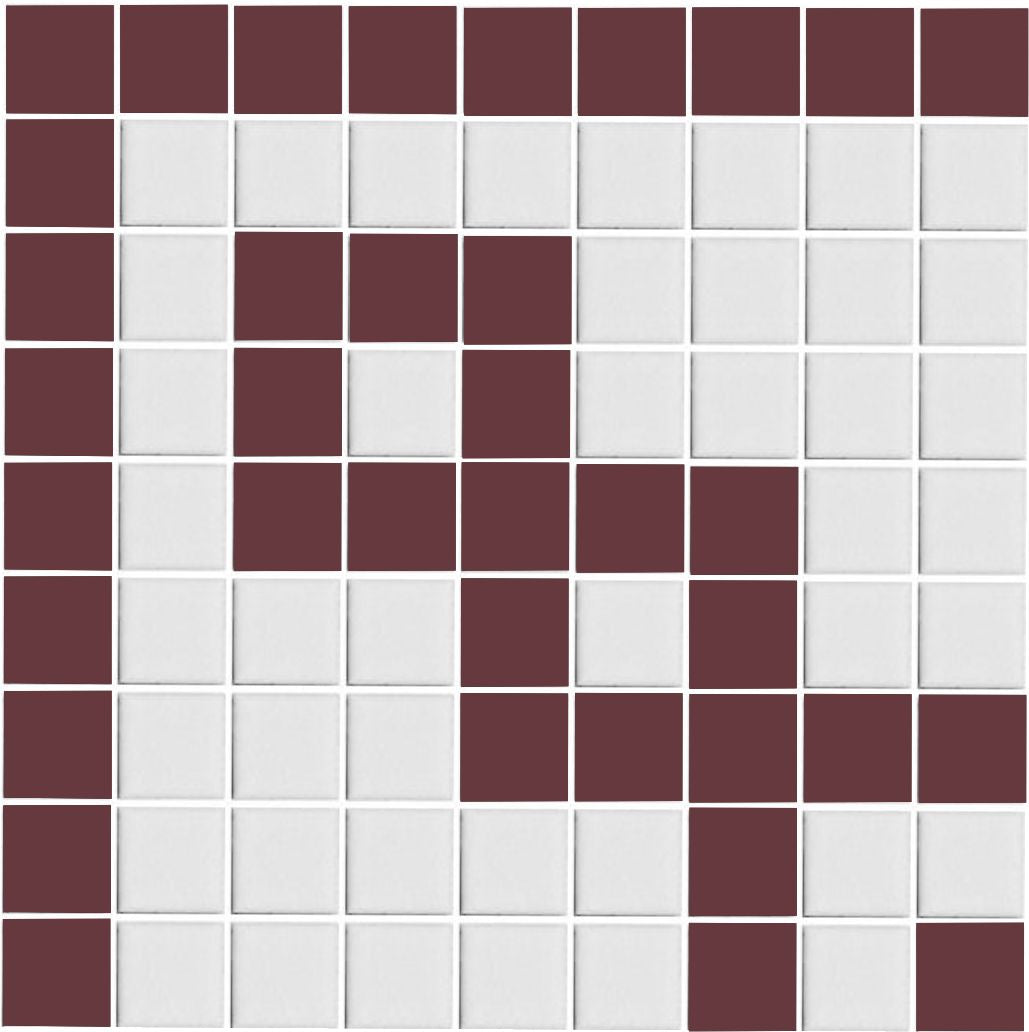 A grid of square porcelain tiles in burgandy and white, arranged in a geometric pattern.