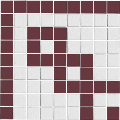 A grid of square porcelain tiles in burgandy and white, arranged in a geometric pattern.