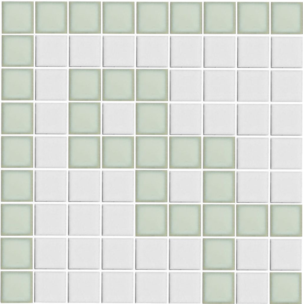 A grid of square porcelain tiles in creme and white, arranged in a geometric pattern.