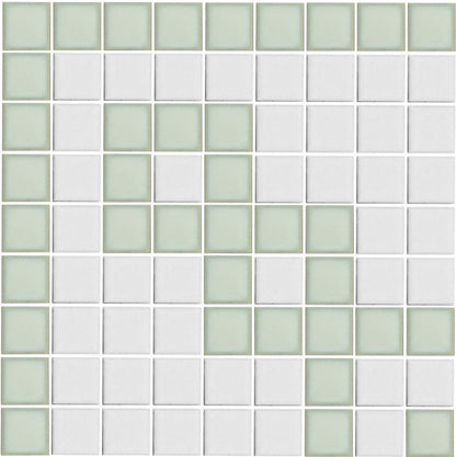 A grid of square porcelain tiles in creme and white, arranged in a geometric pattern.