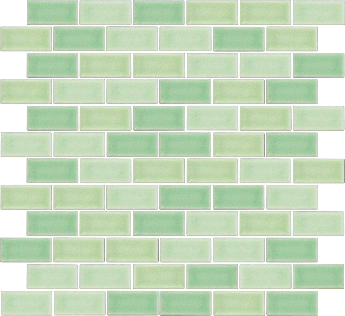 A sheet of glazed porcelain mosaic tiles in various shades of green.