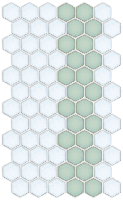 A pattern of porcelain hexagon tiles in Viridian Green and Matte white arranged in a offset border pattern