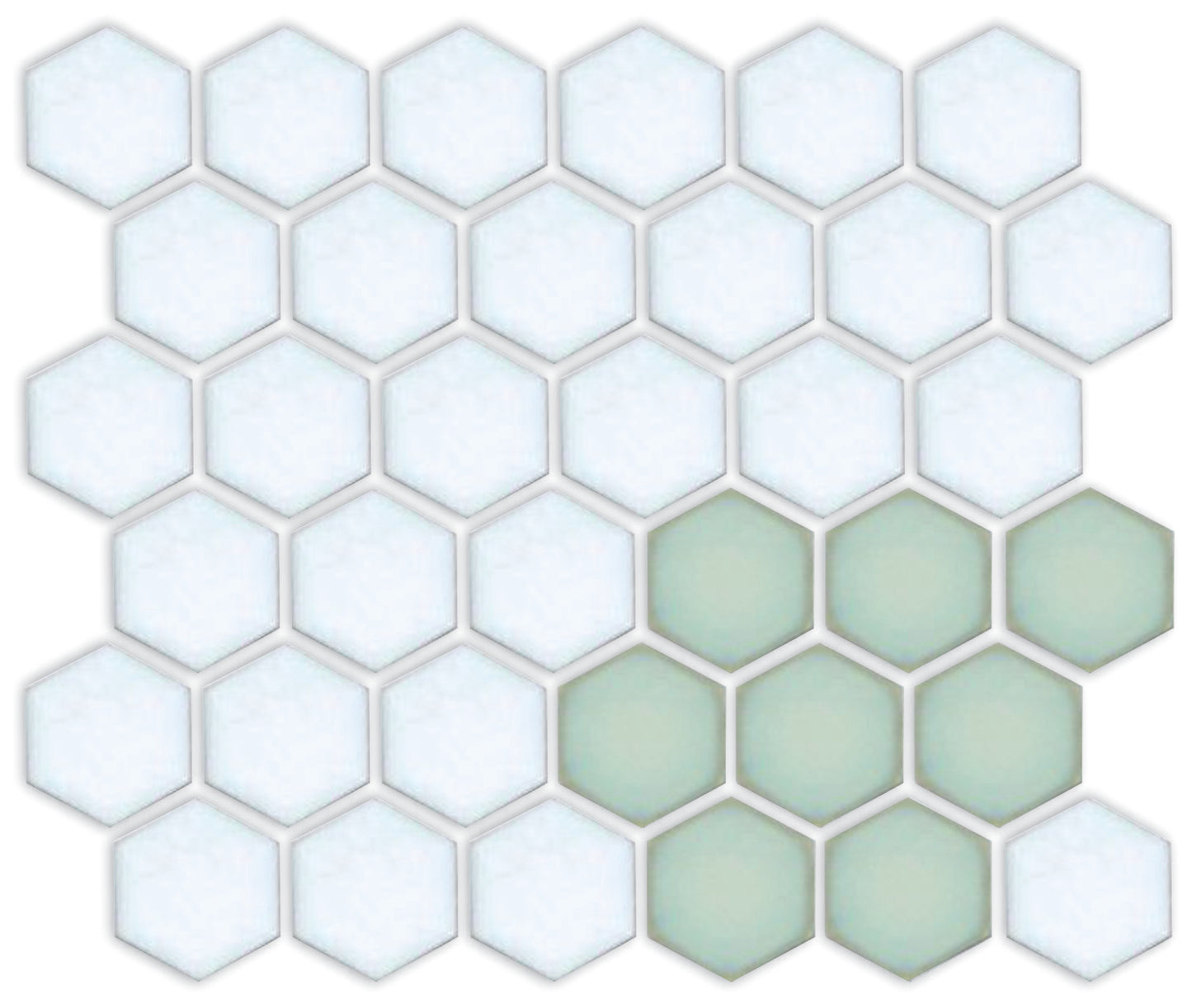 A pattern of porcelain hexagon tiles in Viridian Green and Matte white arranged in a corner pattern
