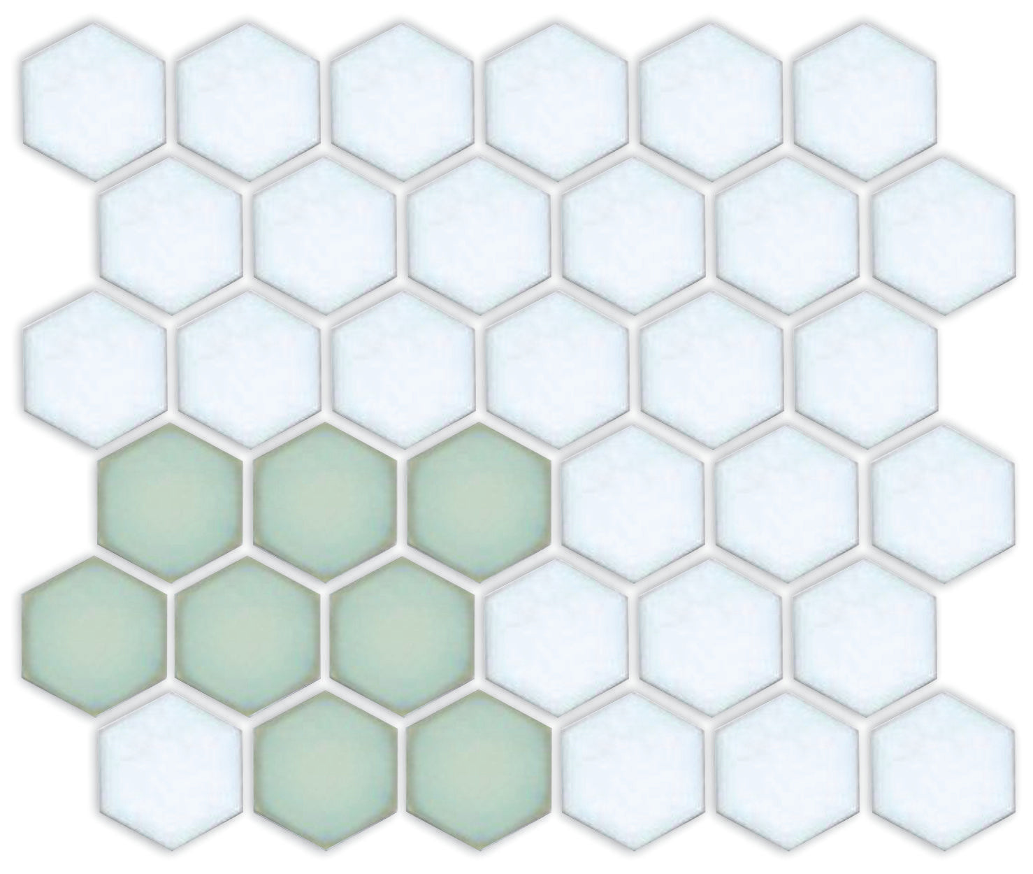 A pattern of porcelain hexagon tiles in Viridian Green and Matte white arranged in a corner pattern