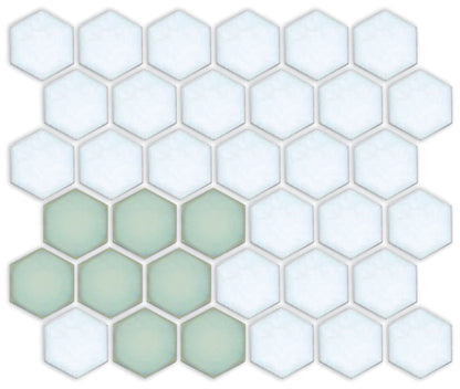 A pattern of porcelain hexagon tiles in Viridian Green and Matte white arranged in a corner pattern
