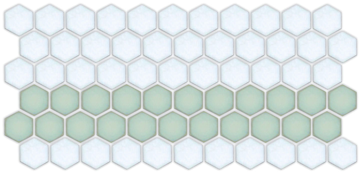 A pattern of porcelain hexagon tiles in Viridian Green and Matte white arranged in a straight border pattern