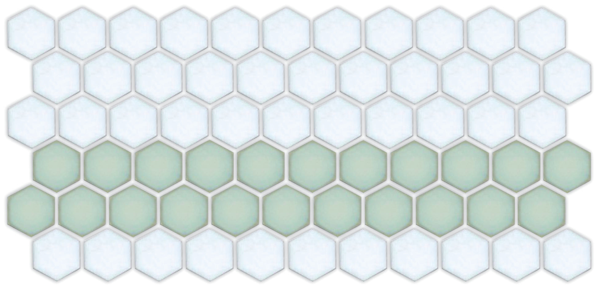 A pattern of porcelain hexagon tiles in Viridian Green and Matte white arranged in a straight border pattern