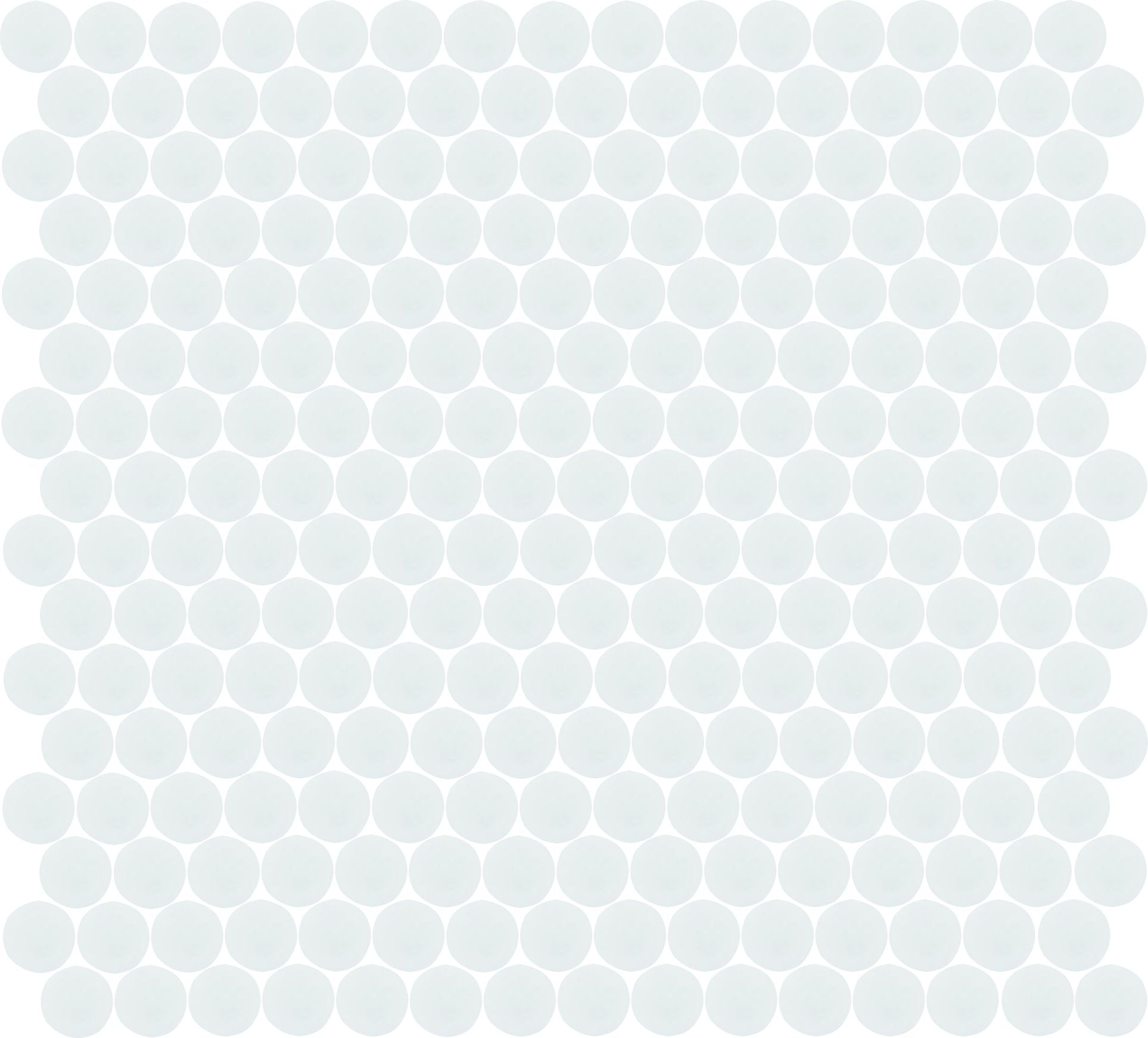 A sheet of porcelain mosaic tiles in a penny round pattern with a grey hue.