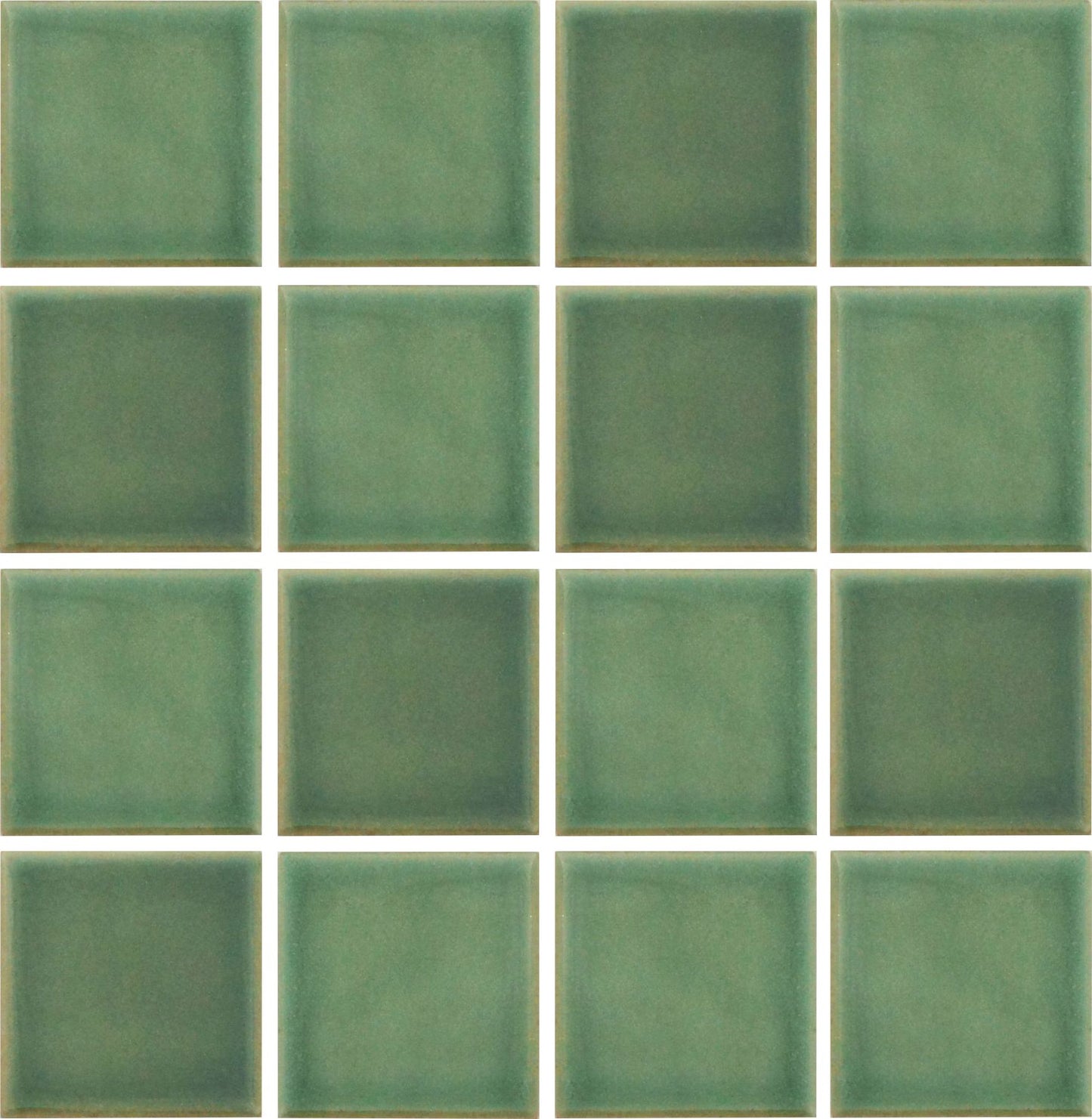 A grid of square glazed porcelain tiles in a greenish color.