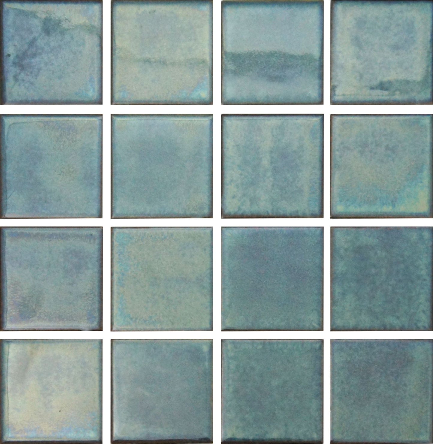 A grid of square glazed porcelain tiles in a light blue color.