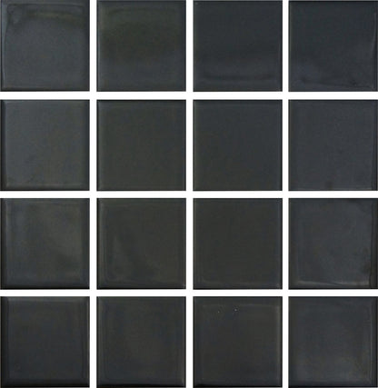 A grid of square glazed porcelain tiles in a black color.
