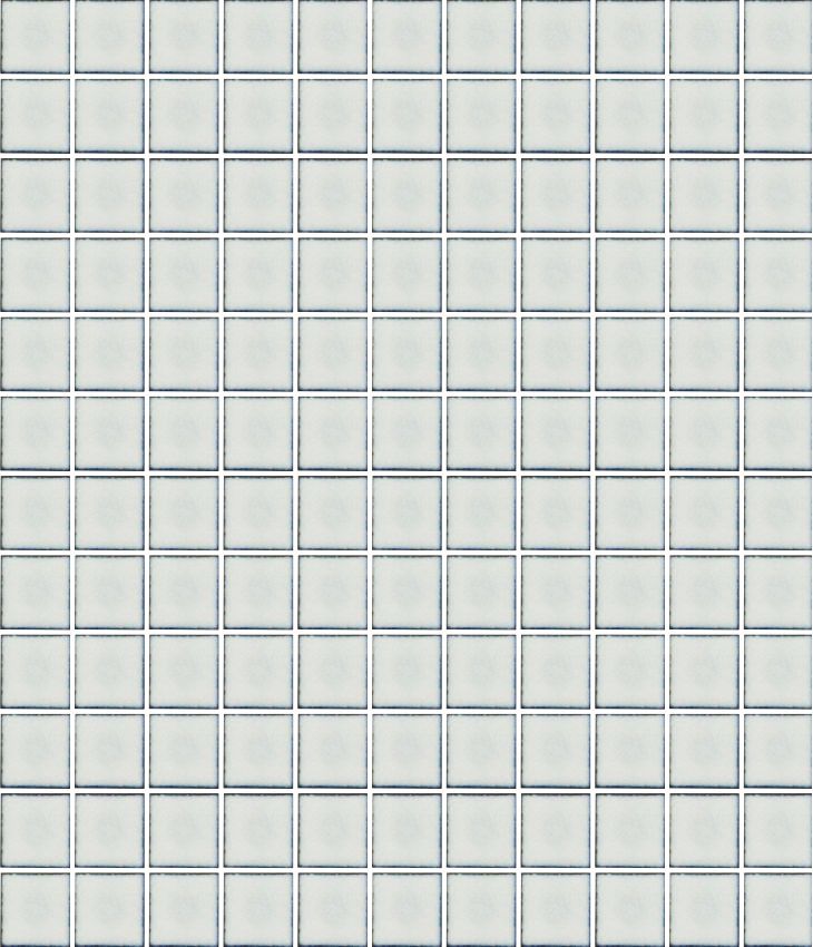 A sheet of square porcelain tiles with a glazed white finish, arranged in a mosaic pattern.