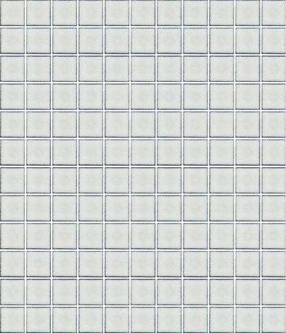 A sheet of square porcelain tiles with a glazed white finish, arranged in a mosaic pattern.