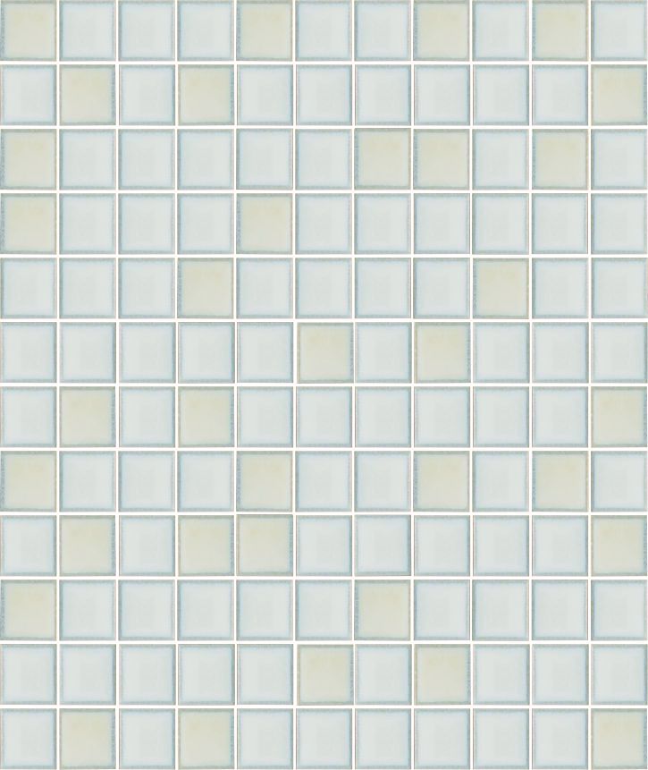 A sheet of square porcelain tiles with a white finish, arranged in a mosaic pattern.