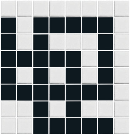Black and white porcelain tiles arranged in a specific pattern, resembling a grid or aqueduct design.
