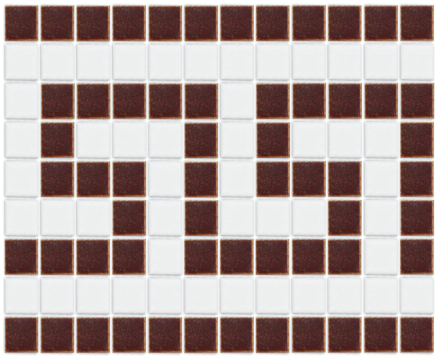A maroon porcelain tile mosaic in a Greek Key border pattern.