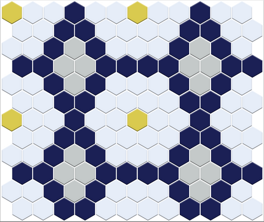 Hexagonal tile pattern with blue, white, and gray colors on a white background