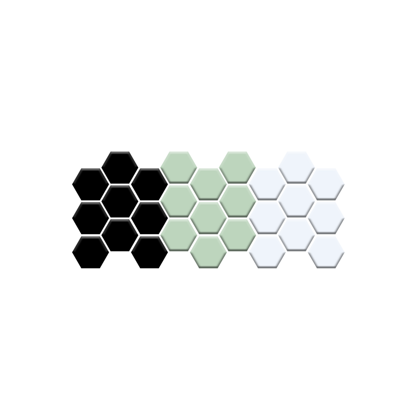 Hexagonal tiles in black, green, and white on a white background