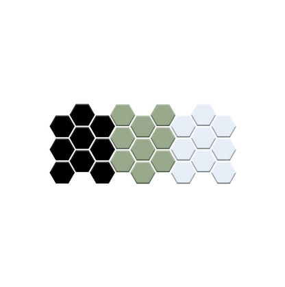 Hexagonal tiles in black, green, and white on a white background