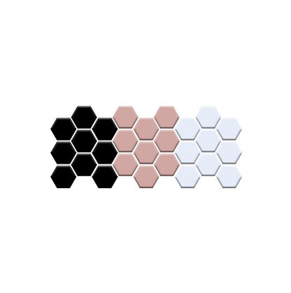 Hexagonal tiles in black, pink, and white on a white background