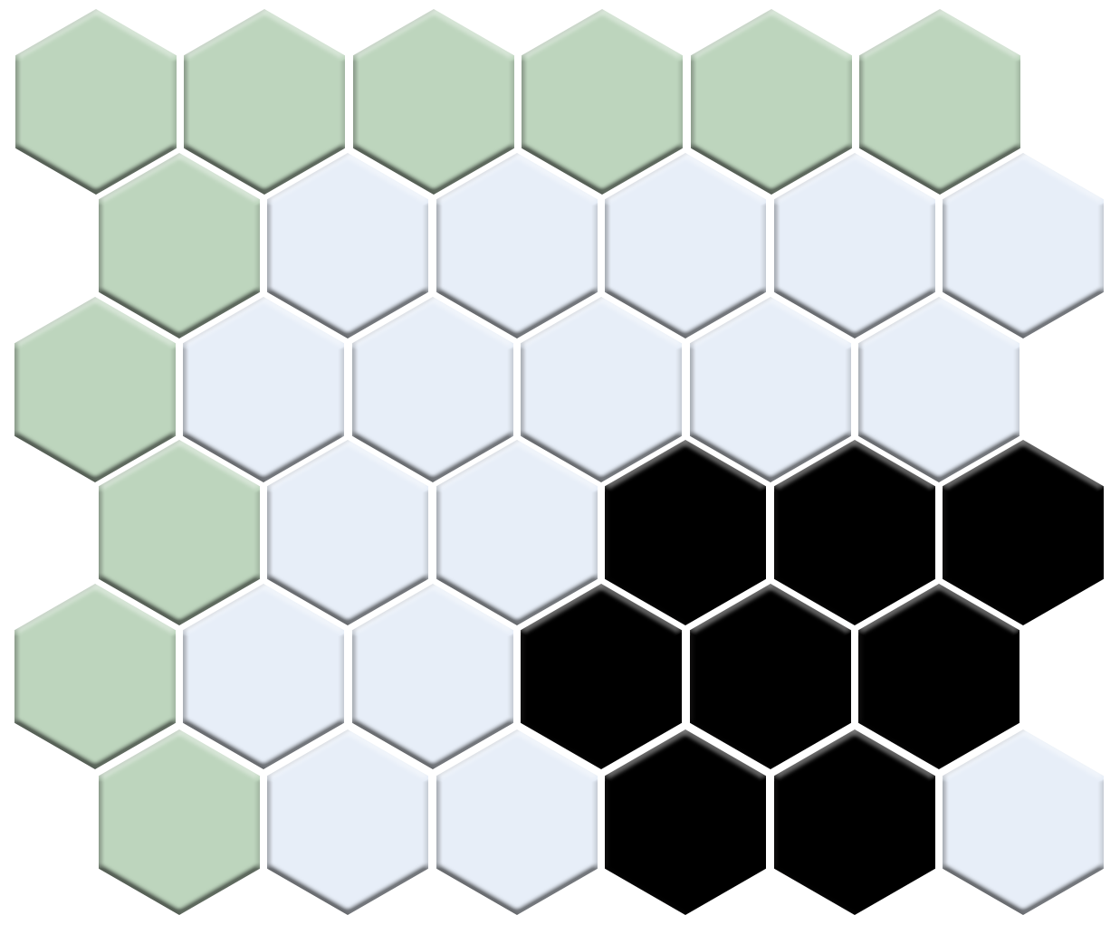 Hexagonal tile pattern with green, white, and black tiles on a white background