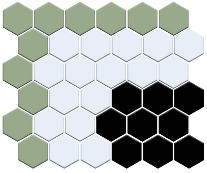 Hexagonal tile pattern with green, white, and black tiles on a white background